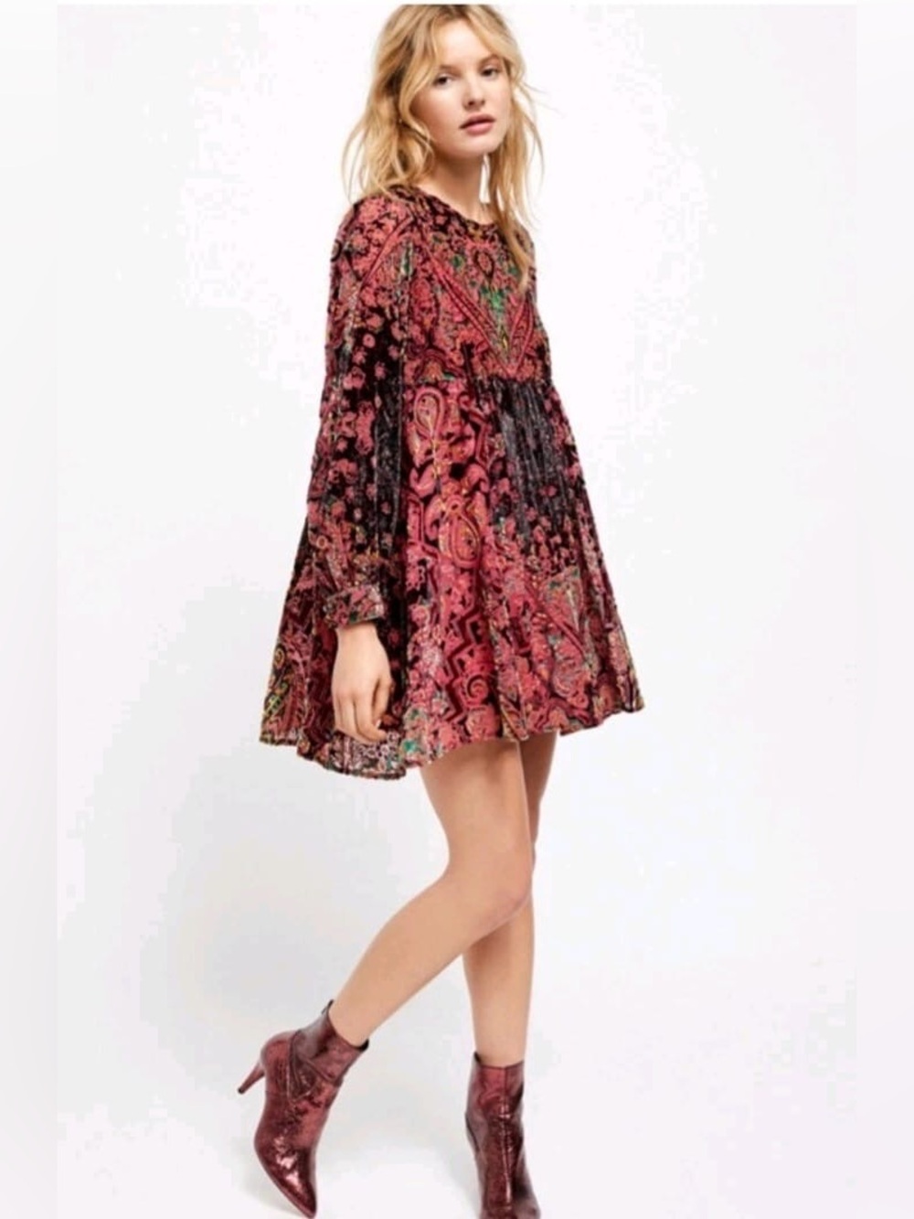 Free People Velvet Paisley Long-Sleeve Dress in Burgundy Pink